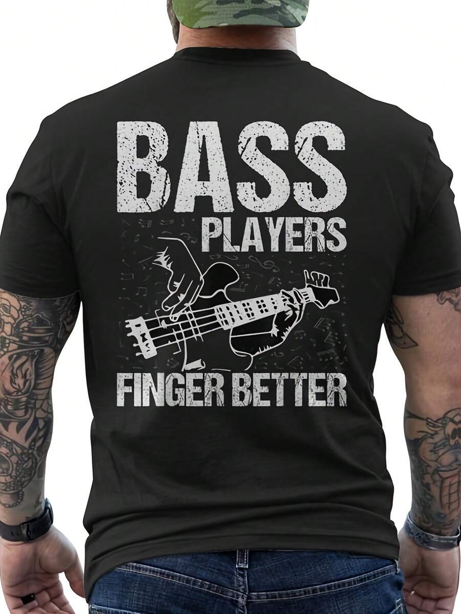Men's--Shirt For Bass Guitarists With Music Chord & Bassist Print On The Back - Casual Round-Neck Short-Sleeve--Shirt, Suitable For Bassists, Musician Gift, Clothing For Music Lovers - 黑色 - 查看 1