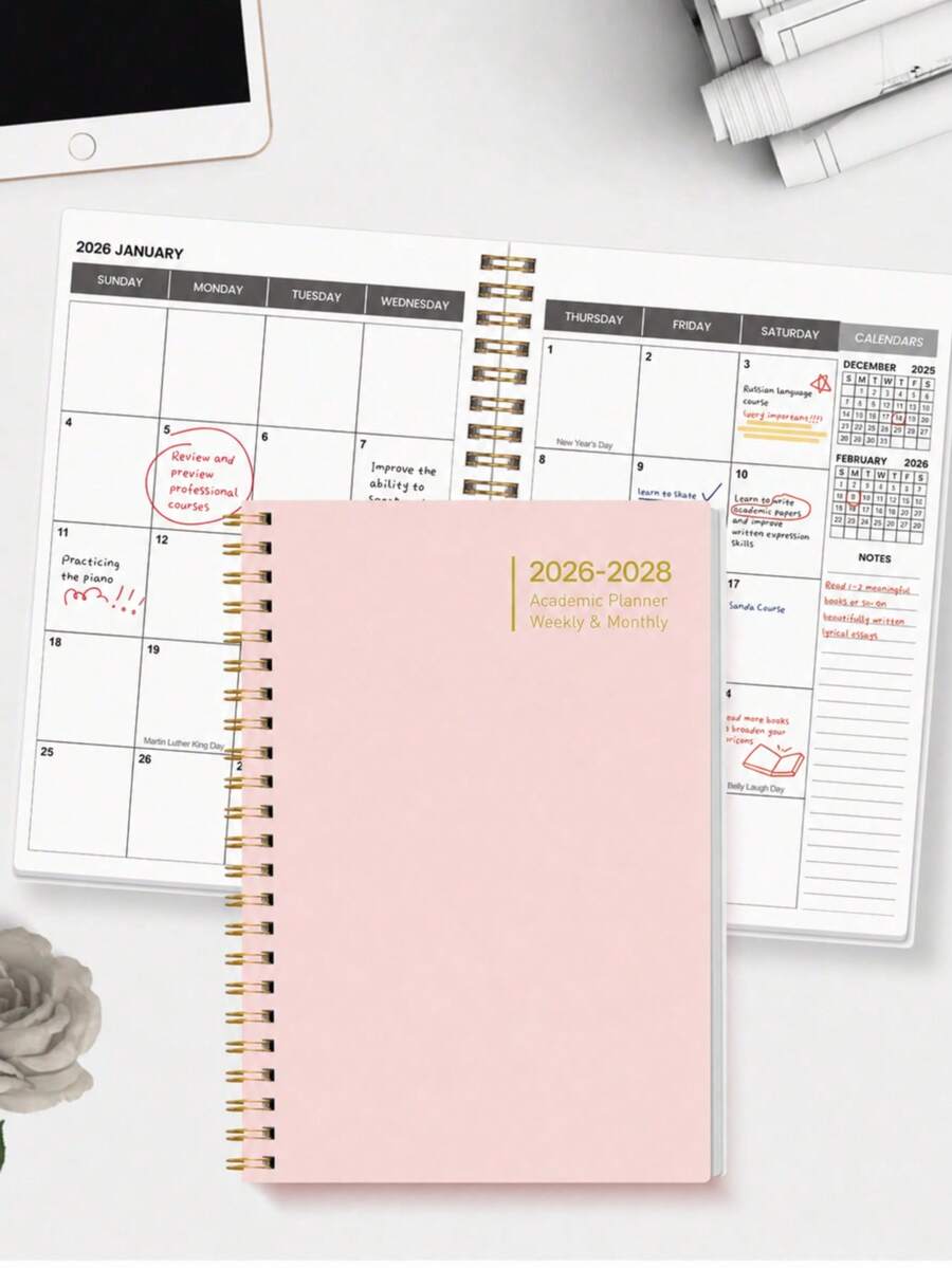 BUBU 1本 2026-2028 週計畫與月計畫螺旋裝訂筆記本，學術約會簿日程日誌，提升生產力，適用於居家、學校與工作使用，A5尺寸，返校用品、辦公用品、學校用品，教師禮物、男士禮物