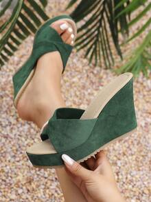 2026 Summer New Cross Strap Wedge Heel Sandals, Height-Increasing Slimming Linen Woven Thick Sole Slippers - Green - View 8