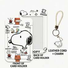 MINISO Snoopy Peanuts 滑動式卡套，附皮革掛繩鑰匙圈，開學季可愛卡通動漫直式滑動識別證套，學生公車票卡保護套，卡哇伊角色禮物 - 樣式 2 - 查看 2