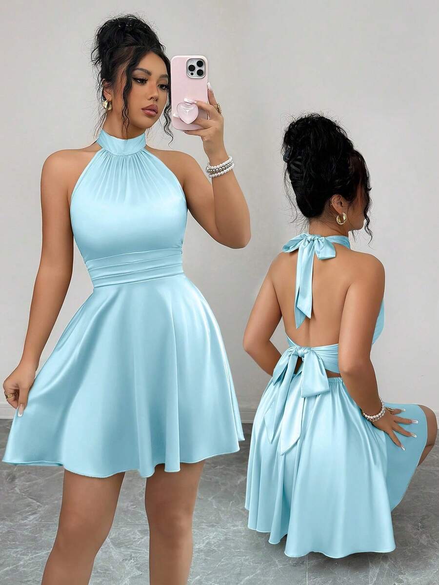 y sexy de color verde guisante con cordones en la espalda, adecuado para salidas diarias, eventos formales, citas, fiestas, bodas, festivales, primavera/verano - azul claro - Ver 1