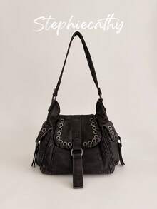STEPHIECATHY Túi đeo vai nữ da PU nắp gập dáng yên ngựa phong cách vintage Y2K retro mài sờn street style, 2 quai đeo chéo cầm tay đi làm đi chơi mua sắm văn phòng - Nhiều màu - Xem 2