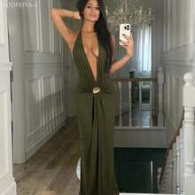Fengyu Women's Clothing Store 1 pieza Vestido de punto sin espalda de unicolor para mujer - verde militar - Ver 1