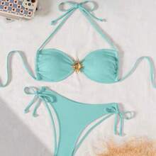 dahkjdgajy Swim Chiccia Conjunto de bikini con textura de tela, hebilla de metal, atar al cuello y lazada lateral, para el verano y las vacaciones en la playa - Azul - Ver 1