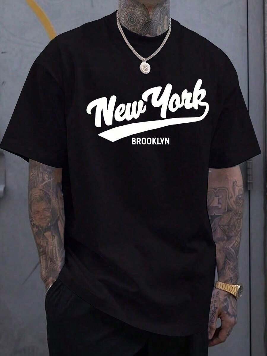 Camiseta casual diaria con cuello redondo y manga corta para hombres con estampado de letra de moda - Negro - Ver 1