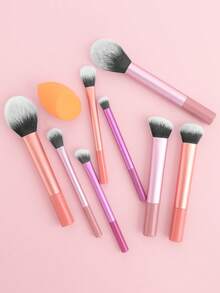 ronshadow 8pcs Pink Purple Orange Multicolor Long Handle Makeup Brush Set Including Powder Brush, Blush Brush, Foundation Brush, Eyeshadow Brush, Detail Brush + Makeup Sponge, Complete Soft Bristle Makeup Tool Set For Beginners - Multicolor - View 4