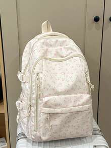 新款青少年女孩後背包，時尚花卉圖案，大容量百搭學生包，可愛大學校園書包 - 粉色 - 查看 4