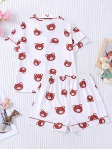 2pcs Tween Girl All-Over Print Cute Brown Bear Head Graphic Pajama Set, Short Sleeve & Shorts, Lapel Collar, Button-Up Front, Soft Skin-Friendly Moisture-Wicking Fabric, Loose Fit, Comfortable & Free Movement, Suitable For All Seasons, Outdoor, Party, Daily Wear, Home & Casual - White - View 3