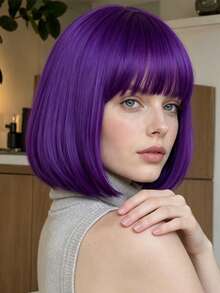 Women's 12 Inch Deep Purple Shoulder-Length Straight Wig With Bangs, High-Temperature Fiber Synthetic Wig, Fashionable Elegant Versatile Style, Suitable For Cosplay, Party, Daily Wear, Universal For All Women, Soft Smooth Easy To Maintain,Halloween - Dark Purple - View 4
