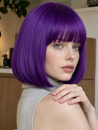 Wig Rambut Lurus Sebahu Warna Ungu Tua 12 Inci dengan Poni untuk Wanita, Gaya Modis, Elegan, dan Serbaguna, Cocok untuk Cosplay, Pesta, dan Pemakaian Sehari-hari, Universal untuk Semua Wanita, Lembut, Halus, dan Mudah Diatur