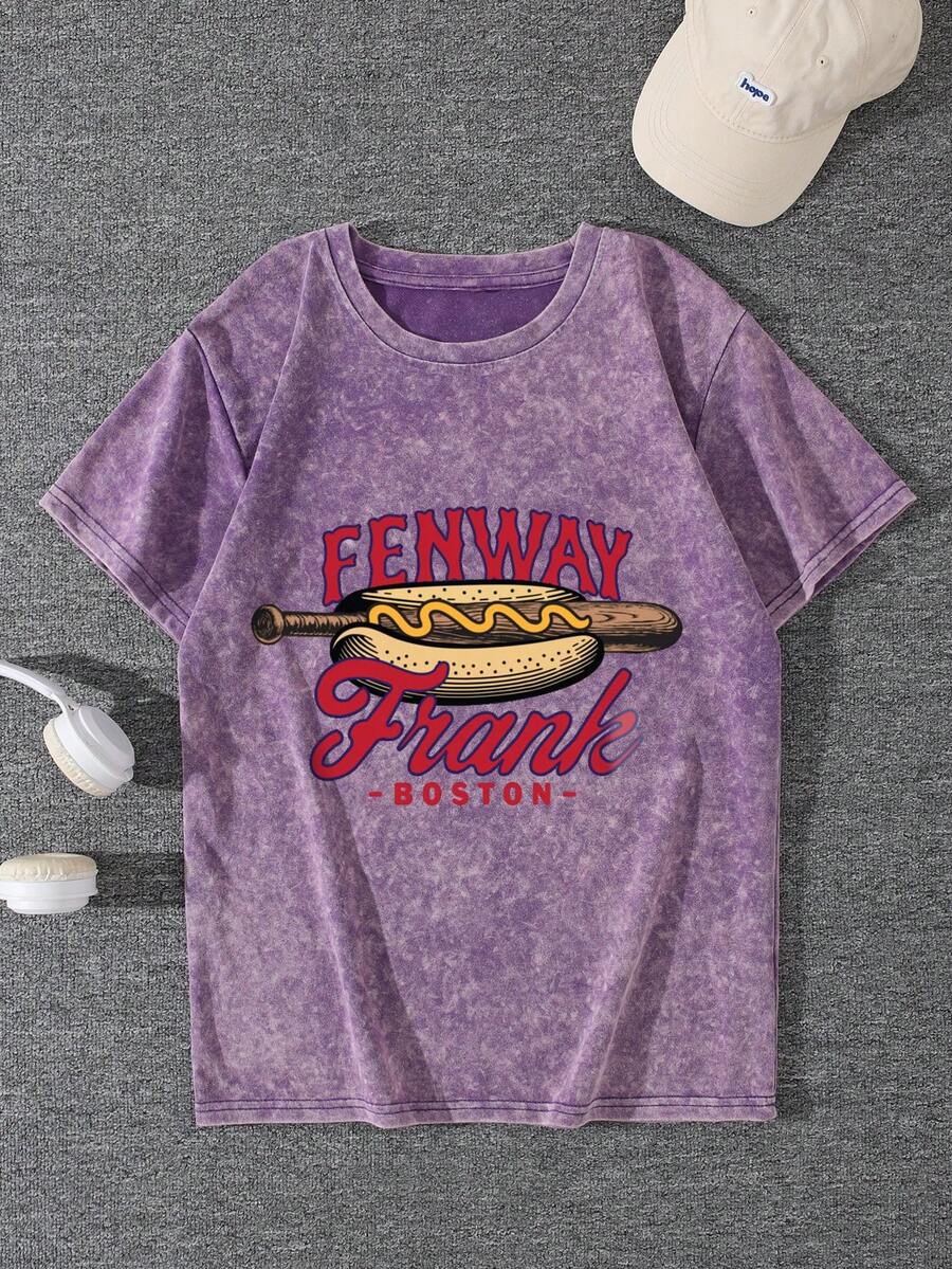 Camiseta Plus Size Feminina Vintage Lavada com Gola Redonda e Manga Curta, Estampa de Beisebol e Cachorro-Quente Vintage Americano, Uso Casual de Verão - Roxo - Visão 1