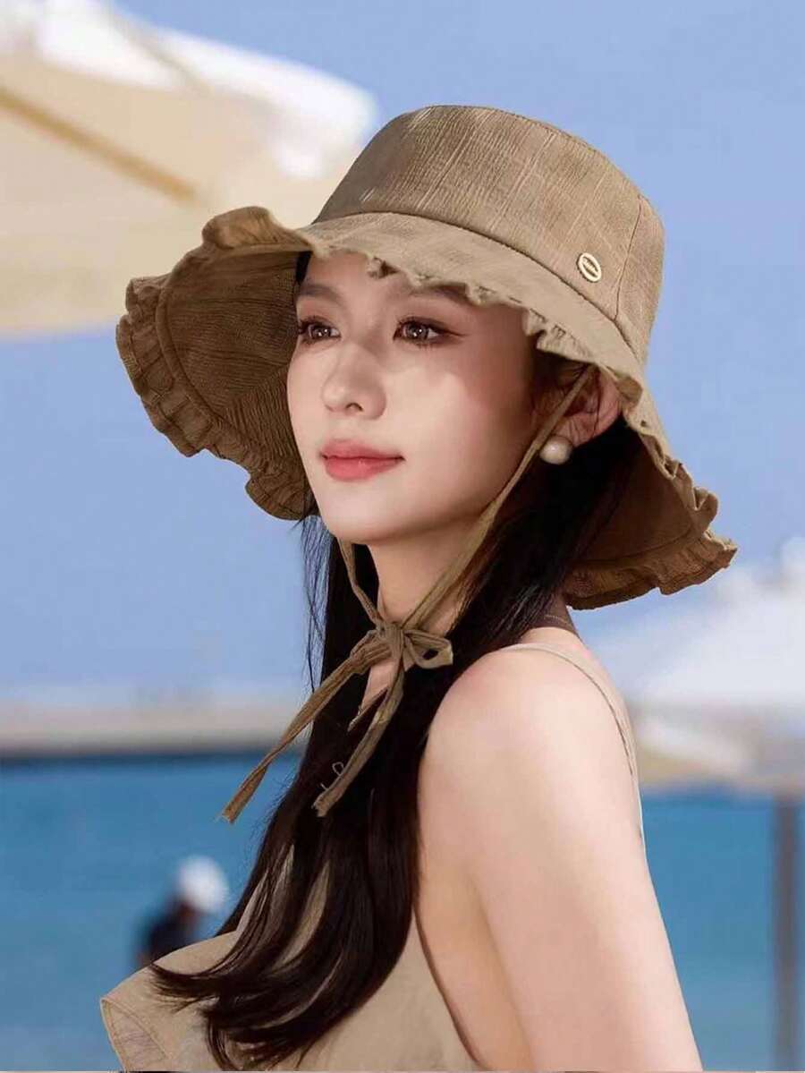 女款春夏戶外遮陽帽,時尚百搭,田園風,防曬寬簷水桶帽 - 多色 - 查看 1