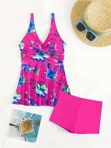 Nuevo modelo 2026:Conjunto Tankini de Mujer Nuevo Estilo Falda Estampado Tropical Moda Sexy Cross Strap Traje de Baño Tankini - Multicolor 3 - Ver 4