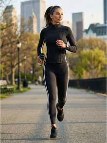 CZJ Chaqueta deportiva entallada para mujer con franjas en contraste, cuello alto con cremallera, manga larga, tela elástica de secado rápido, ideal para entrenamiento diario - Negro - Ver 5