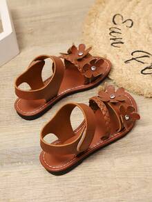 1 Pair Beige Girls' Flat Sandals, Solid Color Soft PU Braided Fabric + Shiny Rhinestone Flower Strap Decor, Classic Single Strap Hook & Loop Design, Round Toe Open Toe Fashionable Cute Beach Sandals, Suitable For 3-12 Years Old Girls' Daily Casual Wear, Spring/Summer New - Brown - View 5