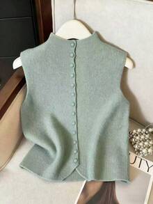 Suéter de mujer de punto con cuello alto, diseño de botones, sin mangas, suelto y casual, color rojo, para primavera/otoño - Verde - Ver 1