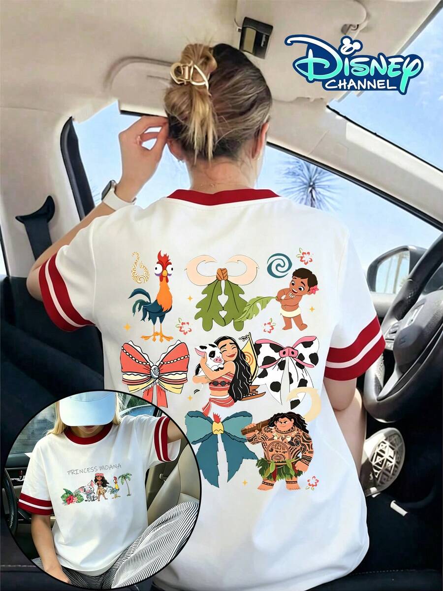 Disney Moana Double-Sided Print Color-Blocked T-Shirt, A Versatile And Comfortable Short-Sleeved Top For Everyday Wear By Girls. - 白色拼紅 - 查看 1