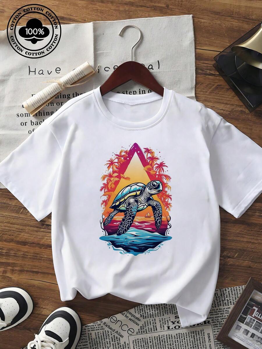 Unisex Pure Cotton Short Sleeve T-Shirt Tropical Turtle Graphic Print Casual O-Neck Loose Fit Summer Top - Bianco - Visualizzare 1