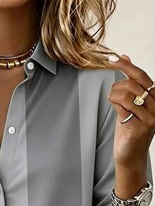 Vintage Casual Geometric Color Block Print Women's Plus Size Long Sleeve Button-Up Shirt - Grey - View 4