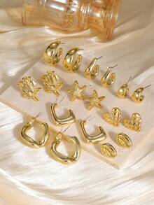 6-18PCS/Gold Rose Heart Starfish Crescent Moon C-Hook Fish Mouth Multi-Style Earring Set, Suitable For Summer Vacation Travel, Beach Outings, Daily Dates, Best Gift For Family And Friends - Gold - View 2