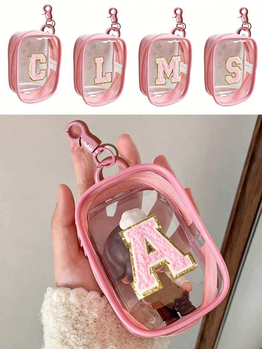 Portable Mini Transparent Zipper Storage Bag, Towel Embroidered Letter, Small Multi-Function Storage Bag, Earphone & Charger Storage Box With Keychain, Transparent Travel Accessories, Exquisite And Compact, Suitable For Storing Small Items, Cable Storage Bag, Bracelet Pouch - Pink - View 1