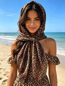 1pc Women's Fashion Leopard Print 90cm Square Scarf, Multifunctional Headscarf, Suitable For All Seasons Outfit Matching - Coffee Brown - View 4
