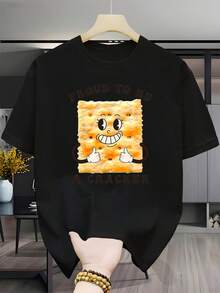 % Cotton, Men's Casual Short-Sleeved Crew Neck T-Shirt, Proud To Be A Cookie Man, Versatile Top, Slightly Stretchy T-Shirt With Print On The Crew Neck, Reg - 黑色 - 查看 1