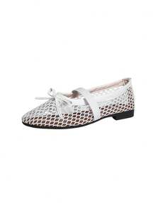[Qishangda]Brand Shoes Round Toe Microfiber Mesh Breathable Shoes Flat Large Size Women's Shoes Woven Mesh Mary Jane Sandals Women's Fashion Flat Hollow Shoes - White - View 5