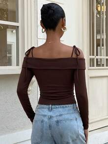 Women's Y2K Style Off-Shoulder Lace-Up Top, Solid Color Minimalist Exposed Shoulder Top, Spring/Autumn Long Sleeve T-Shirt, Suitable For Daily Casual Wear - Brown - View 5