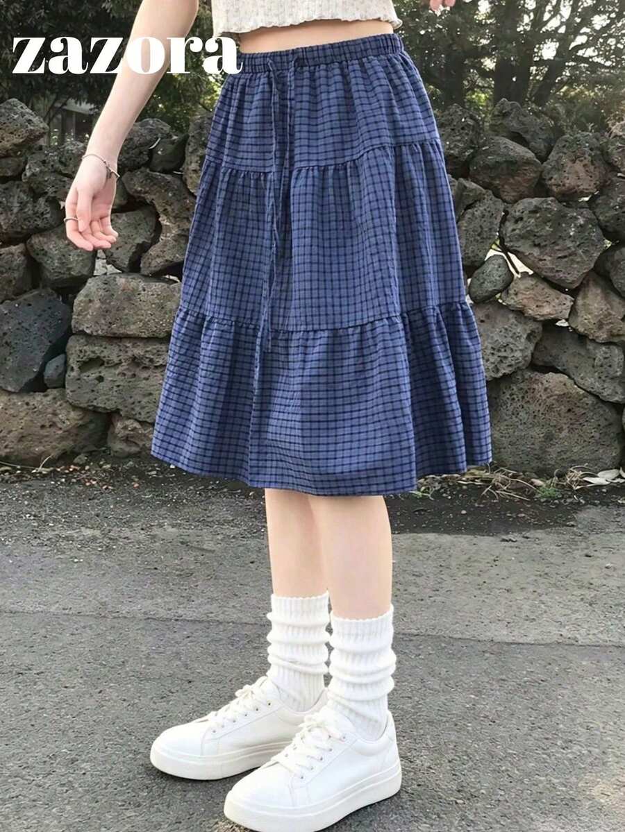Falda de volantes con estampado de cuadros pequeños y ambiente fresco y dulce - Azul - Ver 1