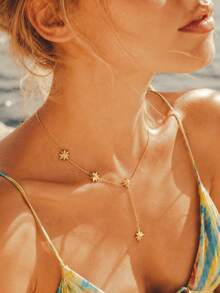 Collar de cadena larga en forma de Y para mujer, colgante de estrella del norte octogonal de acero inoxidable estilo gota, resistente al agua y al desvanecimiento, chapado en oro de 18K - Dorado - Ver 3