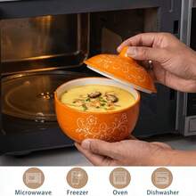 NTKOW 1 Piece Boho Hand-Painted Ceramic Casserole Bowl With Lid, 4.65-Inch Single Serving Stew Bowl, Microwave & Refrigerator , Perfect For Steamed Eggs, Soup, Bird's Nest, Family Meals, Holidays & Daily Home Use - View 5