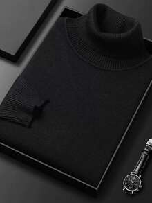 Men's Autumn/Winter Fashion High Neck Long Sleeve Sweater - Black - View 2