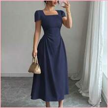 Vestido camisero de mujer de unicolor elegante con cuello redondo, cintura ceñida, manga abullonada y largo midi para el trabajo, vacaciones y té de la tarde, primavera/verano - Azul marino - Ver 1