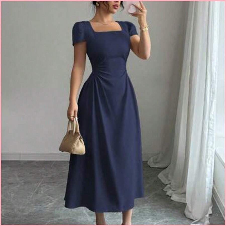 Vestido camisero de mujer de unicolor elegante con cuello redondo, cintura ceñida, manga abullonada y largo midi para el trabajo, vacaciones y té de la tarde, primavera/verano - Azul marino - Ver 1