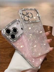 時尚優雅水鑽閃亮水晶愛心雷射貝殼紋手機殼，適用於 iPhone 17 Pro Max 16 15 14 Plus 13 12 Pro 11 Air，附柔軟鏡頭保護膜 - 粉色 - 查看 9