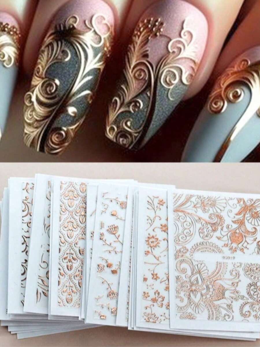 Adesivos de Arte de Unhas em Relevo Floral 3D Europeu, Decalques de Unhas com Design de Videira Floral em Renda Ouro Rosa Autoadesivos, Decoração Geométrica Assimétrica com Glitter, Decoração de Arte de Unhas Floral Primavera/Verão, Adequado para Mulheres e Meninas - Rosa ouro - Visão 1