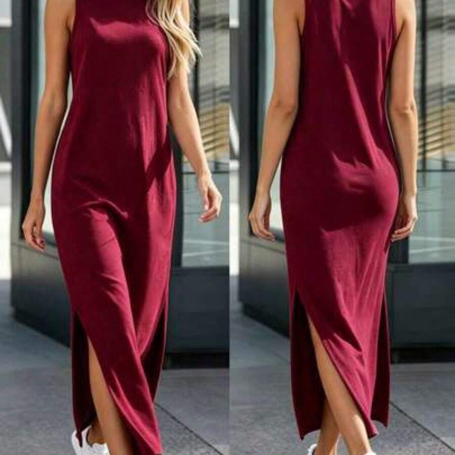 Vestido de punto casual de mujer con cuello redondo y dobladillo con abertura lateral en gris claro - Burdeos - Ver 1