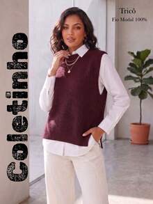 Women's Knitted Vest With Ribbed Crew Neck, Sleeveless, Casual And Elegant Knitwear For Autumn/Winter - 紅木色 - 查看 1