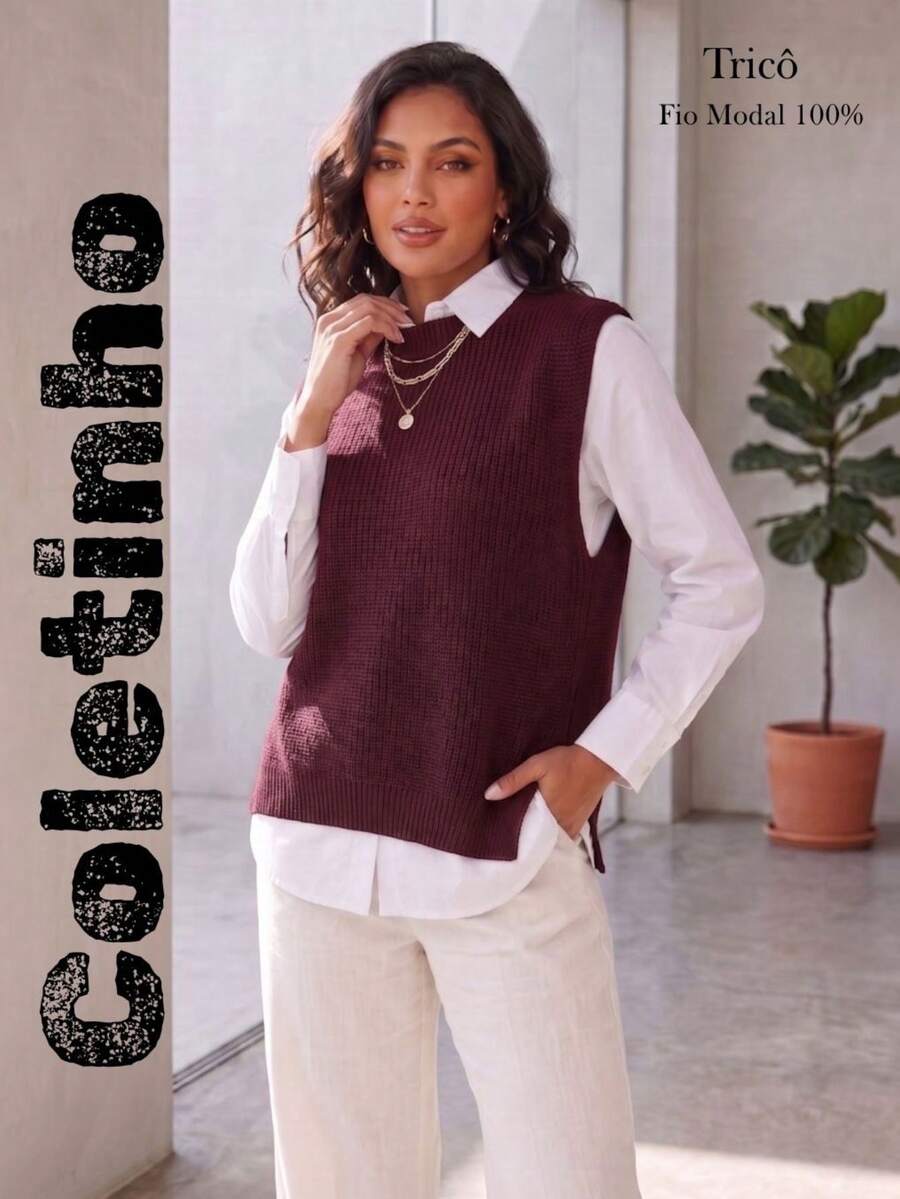 Women's Knitted Vest With Ribbed Crew Neck, Sleeveless, Casual And Elegant Knitwear For Autumn/Winter - 紅木色 - 查看 1