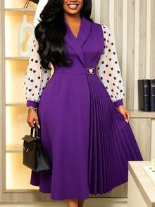 Plus Size Dark Purple Elegant Pleated Midi Dress Women Lapel Collar Polka Dot Sheer Long Sleeves High Waist Elegant Business Church Fall Outfit - Purple - View 1