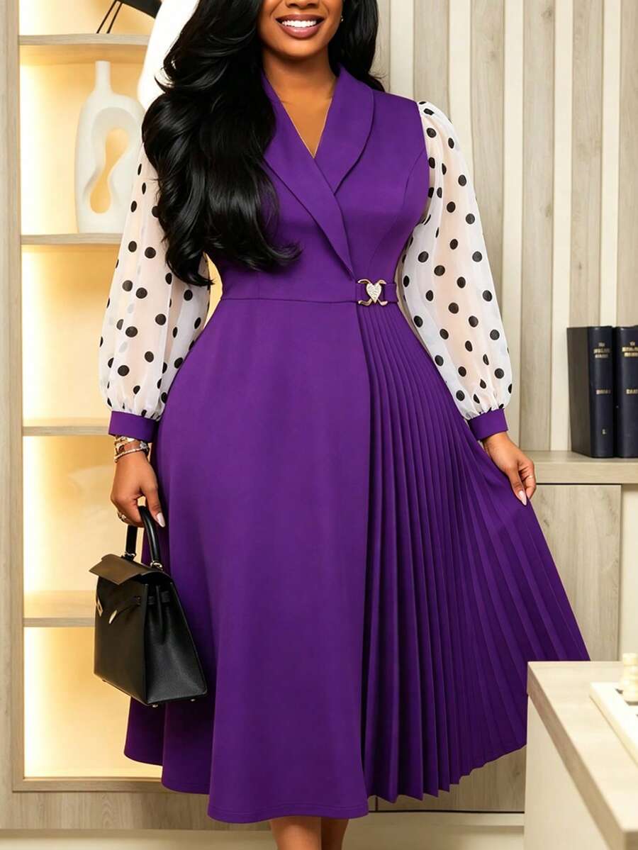 Plus Size Dark Purple Elegant Pleated Midi Dress Women Lapel Collar Polka Dot Sheer Long Sleeves High Waist Elegant Business Church Fall Outfit - Purple - View 1
