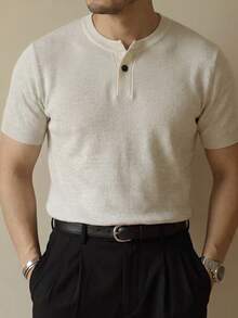 Men's Casual Solid Color Henley Neck Short Sleeve Knit T-Shirt, Summer - Beige - View 4