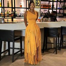 Women's Asymmetrical One Shoulder Sleeveless Tiered Fringe Maxi Dress Formal Evening Gown For Party Collection - Màu vàng - Xem 1