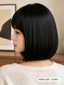 12 Inch Black Straight Synthetic High Temperature Resistant Wig With Bangs, Fluffy Fashionable Women's Cosplay Wig For Halloween, Christmas, Party, Carnival - Black - View 5