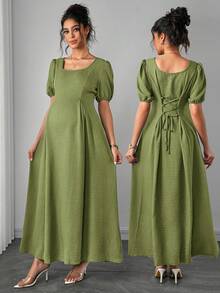 Momance Vestido de maternidad elegante y romántico con hombro asimétrico, cintura fruncida y silueta en línea A - verde menta - Ver 1