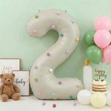 1 Set 32 Inch Cream Color Number Balloon Set With Colorful Plush Balls, Suitable For Birthday Party Decoration, Baby Shower And Various Gathering Scenes (Plush Ball Color Random) - One Size Fits All - View 5