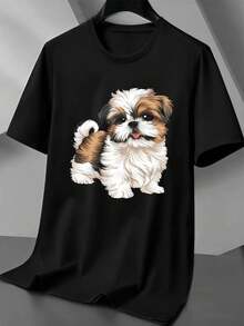 T-shirt chiot Shih Tzu en coton doux, col rond, coupe ample, confortable et décontracté - Noir - Voir 1
