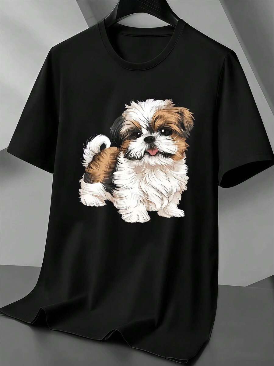 T-shirt chiot Shih Tzu en coton doux, col rond, coupe ample, confortable et décontracté - Noir - Voir 1