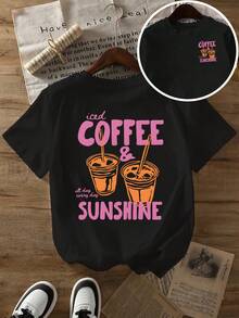 Plus-Size Damen-Sommerkleidung mit Eiskaffee- und Sonnen-Cartoon-Print, neuer Sommerstil, kurzärmeliges T-Shirt-Oberteil, modisches lässiges bedrucktes T-Shirt, stilvolle Damenkleidung. - Weiß - Übersicht 5